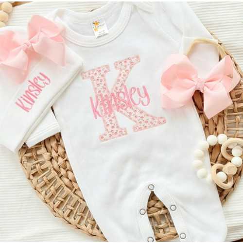 Personalized Baby Girl Coming Home Outfit: Embroidered Pink Floral Initial Footie & Hat - Etsy