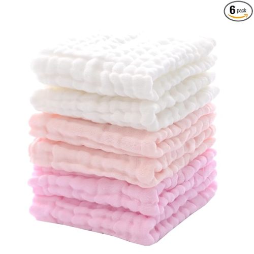 MUKIN Baby Washcloths and Burp Cloths, Soft Absorbent Towels for Newborns, 6 Pack, 12x12 Inches (Pink)