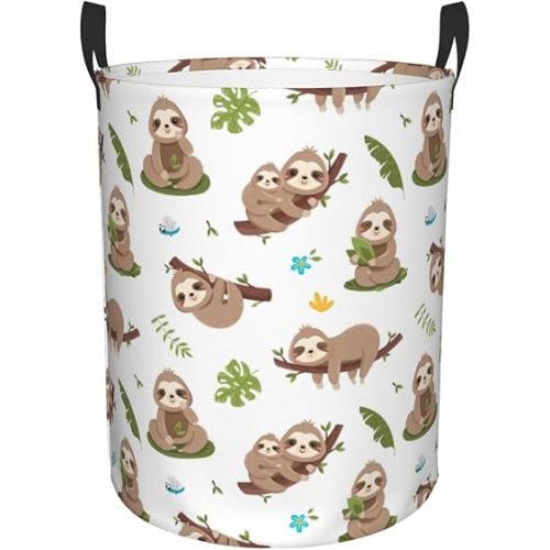 Sloth Laundry Hamper Collapsible Laundry Baskets with Handles Dirty Foldable Clothes Basket Easy Carry Laundry Bag Round Storage Basket for Bedroom Toy- Medium