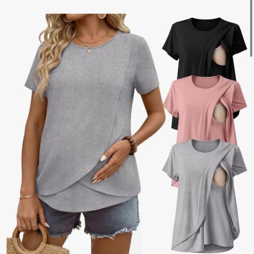 3 Pack Nursing Shirts Short Sleeve Breastfeeding Tops