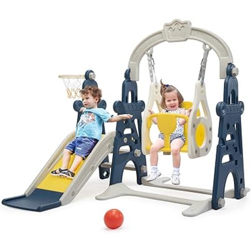 3-in-1 Kids Slide for Toddlers Age 1-3 Slide and Swing Set,Indoor Playground for Children,Freestanding Outdoor Slides with Basketball Hoop,Outside Climber Playhouses,Baby Climbing Toys Blue