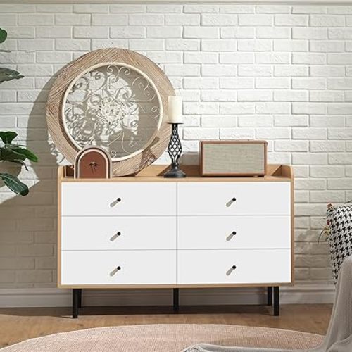 6 Drawers Dresser for Bedroom, Wood Chest of Drawers TV Stand with Metal Handle, Modern Minimalist Closet Store Organizer for Living Room, Closet, Hallway