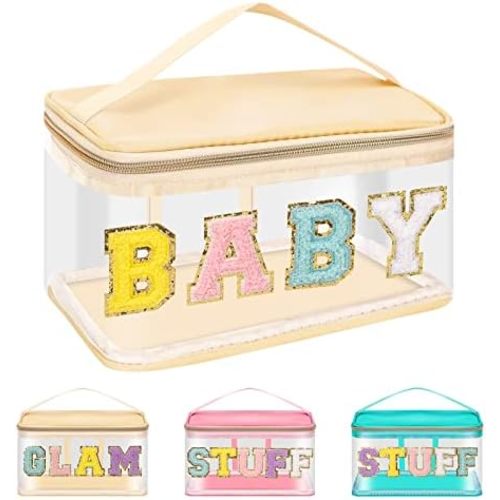 Iqimott Preppy Clear Makeup Bag Baby Pouch, Chenille Letter Cosmetic Bag for Women Girls, Nylon PVC Toiletry Storage Handbag, Travel Transparent Waterproof Zipper Pouch with Handle(Baby, Beige)