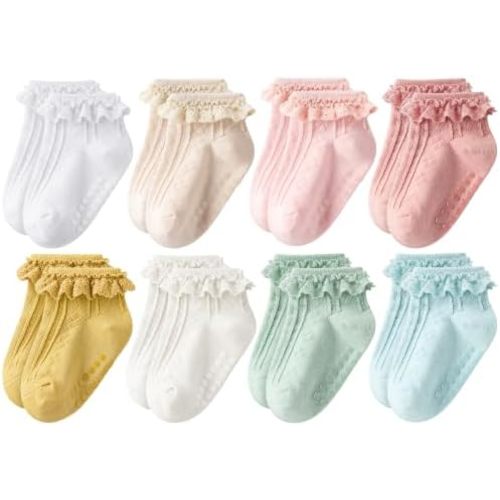 HONGTEYA 8 Pairs Non Slip Grip Ruffle Socks Cotton Newborn Baby Toddler Ruffle Grip Ankle Socks for Infant Girls