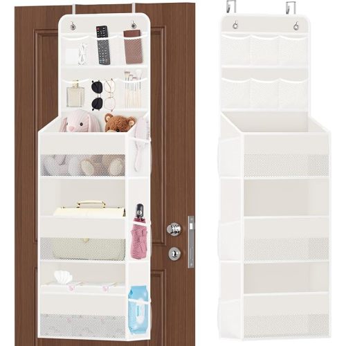 SpaceHacks 5-Tier Over the Door Organizer with Mesh Pockets, Baby Nursery Storage for Closet, Bathroom and Bedroom, Adjustable Hanging Closet Organizer for Cosmetics, Books and Essentials (Beige)