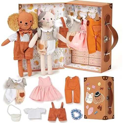 Golray Portable Dress Up Plush Doll Set with Storage Case, Cat & Dog Stuffed Animal Toys, Doll Clothes with Wooden Hangers & Suitcase Wardrobe Travel-Ready Toy Organizer, Gifts for Girls Ages 3+