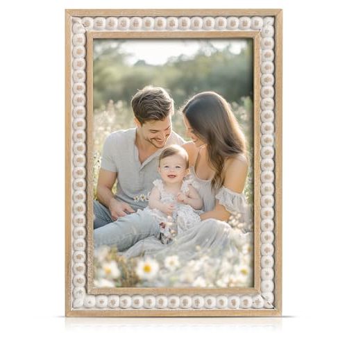 Maxpeuvon 4x6 Picture Frame, Natural Pine Wood Wall Mount Photo Frame Boho Distressed White Vintage Rustic Tabletop Display Home Decor for Bedroom Living Room Hallway Entryway