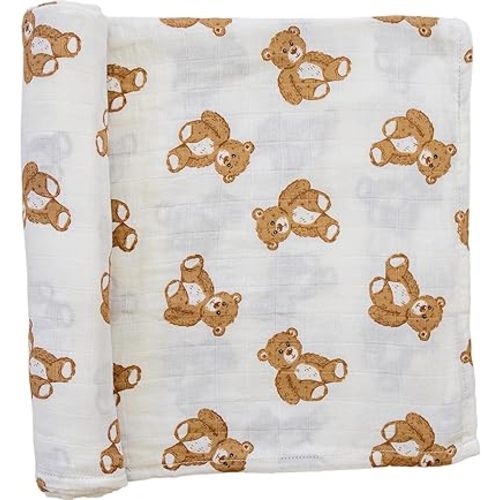 Mebie Baby Teddy Bear Muslin Swaddle, Modern and Neutral Blanket for Baby Girl or Boy, 0-3 Month, Comfy Wrap