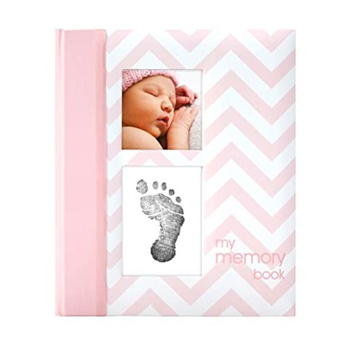 Pearhead First 5 Years Chevron Baby Memory Book With Clean-Touch Baby Safe Ink Pad To Make Baby's Hand Or Footprint Included, Newborn Milestone And Pregnancy Journal, Pink
