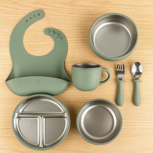 7-Piece Silicone & Stainless Steel Kids Dinnerware Set , Feeding Set