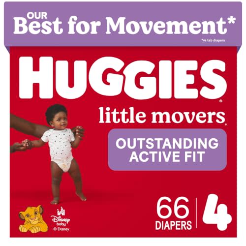 Huggies Little Movers Diapers Size 4, 66 Count | Double Grip Strips, Blowout Protection, Secure Flexible Fit, Up to 12-Hour Protection, Dry Touch Liner, Wetness Indicator