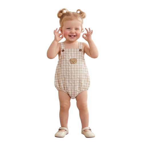 Newborn Baby Boy Girl Summer Clothes Bear Embroidery Plaid Sleeveless Bubble Romper Bodysuit Overall Shorts Outfit