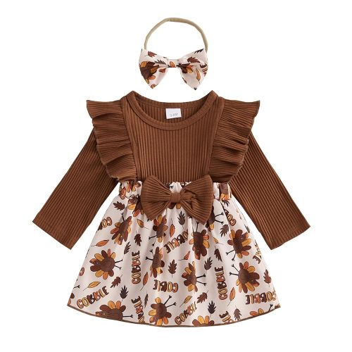 MoZiKQin Baby Girl Thanksgiving Outfit Newborn Romper Dress Ribbed Ruffle Skirt Hem Jumpsuit Cute Fall Clothes+Headband