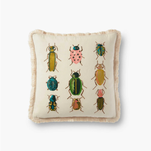 Beetles and Bugs Embroidered Pillow - Natural