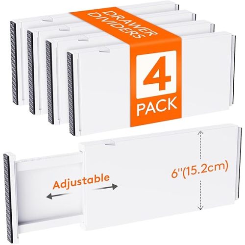 Lifewit 4 Pack 6" High Drawer Dividers 34-56cm/13.5-22" Adjustable Drawer Organizer for Clothes/Utensils, Expandable Drawer Separator in Dresser/Kitchen/Bedroom/Office Organization & Storage White