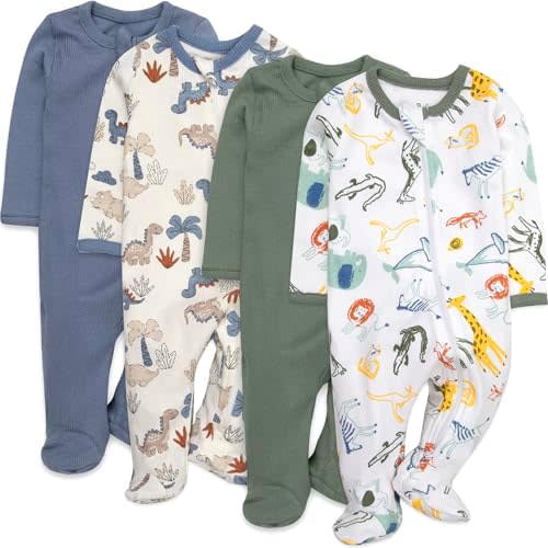Baby Essentials Boys 4-Pack Footies – Long Sleeve Zip-Up Sleep and Play Newborn Outfits, Patterned & Solid