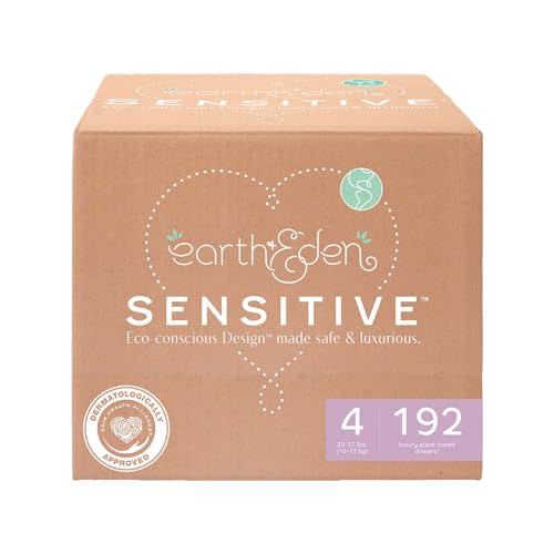 Earth & Eden Sensitive Baby Diapers, Size 4 (192 Count) - Eco-Conscious & Hypoallergenic Diapers - No Harsh Chemicals - Comfortable and Gentle on Skin - Dermatologically Approved
