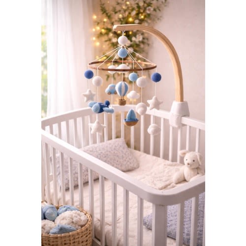 Crochet Crib Mobile, Airplane Hot Air Balloon Nursery Decor, Neutral Baby Mobile, Baby Shower Gift