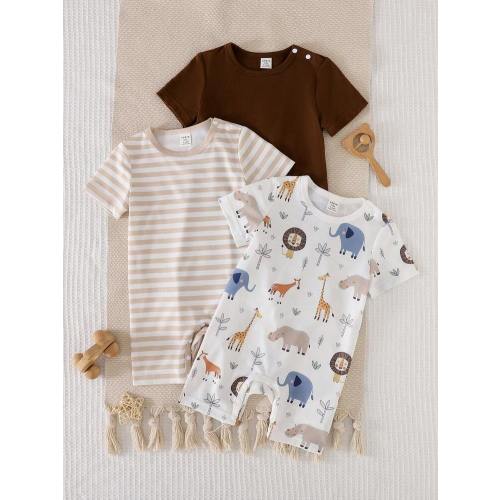SHEIN Playful Pals 3pcs/Set Toddler Boys' Cute Print + Stripe + Solid Soft & Comfortable Rompers, Suitable For Home, Outdoor Sports, Parties | SHEIN USA