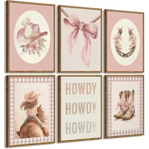 6Pcs Pink CowGirl Nursery Canvas Wall Art, Coquette Western Little Girl Posters Print Artwork, Howday Bow Hat Boots Painting Picture Wall Decor for Girls Bedroom Home Decoration, 12x16in Unframed