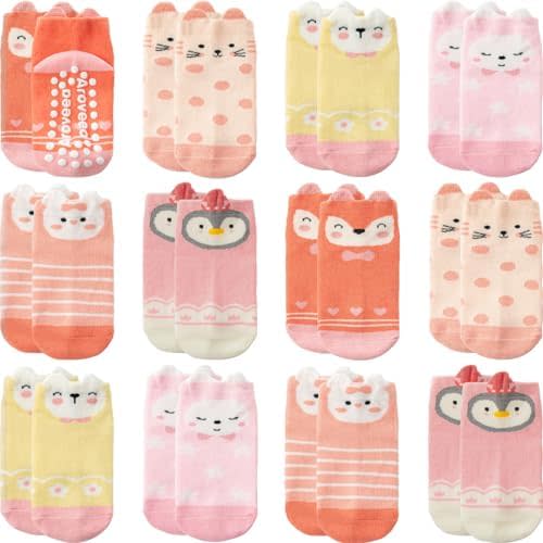 Baby Toddler Socks Grip Non Slip Boys Girls Cotton 12 Pack for Kids Ankle Cute Socks 6M-7Years