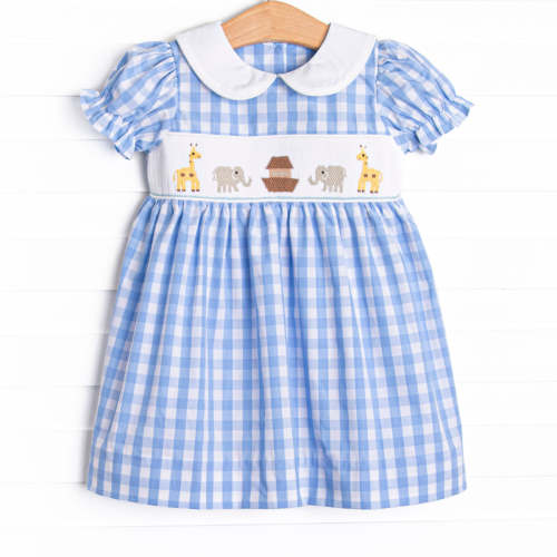 Noah's Ark Smocked Puff Sleeve Dress, Blue – Stitchy Fish