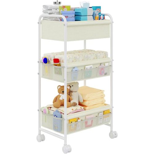 3-Tier Baby Diaper Caddy Cart Organizer,Mobile Nursery Storage Cart with Wheels,With 2 Dividers&14 Mesh Pockets Durable Metal Utility Cart for Nursery, Bedroom, Bathroom, Baby Essentials Organization