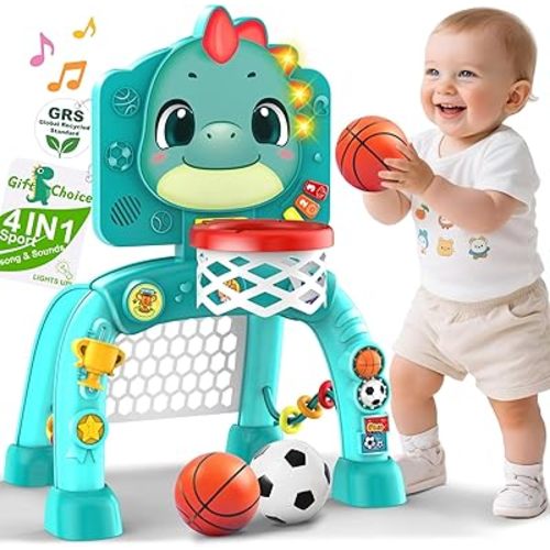 Dinosaur Kids Sports Play Toy: 4-in-1 Multifunction Indoor Outdoor Activity – Basketball Toss, Ring Throw, Ball Play & Music Lights to Improve Motor Skills, Birthday Gift for Boys Girls Age 1-3