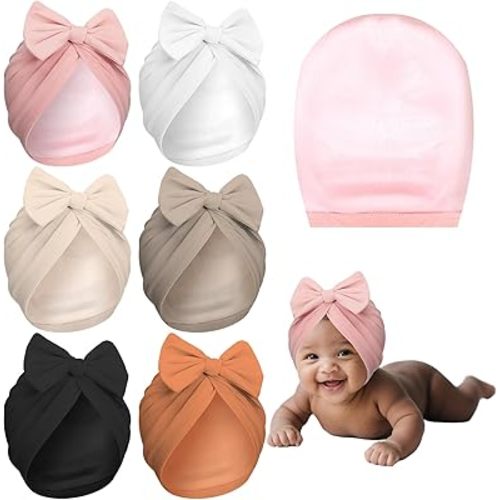6/8 Pcs Newborn Satin Bonnet for 0-6 Months Silky Satin Lined Stretchy Baby Turban Hats with Bow for Infant Toddler