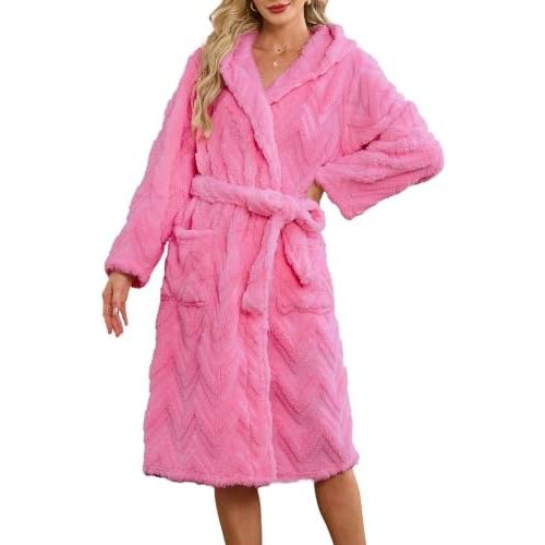 LYCY Women's Hooded Plush Long Bathrobe, Ultra Soft Jacquard Fluffy Robe with Pockets, Cozy Fuzzy Loungewear