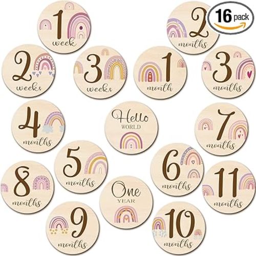 Tiamon 16 Pieces Wooden Baby Monthly Milestone Cards Monthly Milestone Marker Discs Double Sided Wooden Circles Months Signs for Baby Shower Newborn Photo Props(Rainbow)