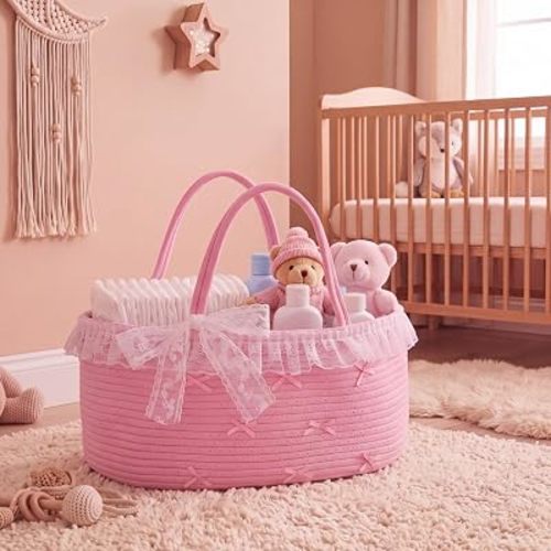 Diaper Caddy Organizer with Pink Bow Pink Diaper Caddy Woven Rope