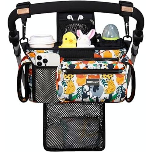 TOPDesign Universal Baby Stroller Organizer, Stroller Caddy with Detachable Mesh Bag & Heightened Insulated Cup Holders & Non-Slip Secure Hooks Accessories, Fits Most Strollers (Zoo)