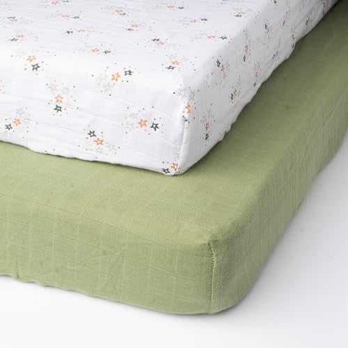 Salt Earth 100% Organic Cotton Muslin Standard Fitted Crib Sheet, 52"x28", 2 Pack Soft Breathable Natural Cotton Sheets Baby Mattress Bed Sheets, No Slip Neutral Baby Crib Sheet (Green & Star)