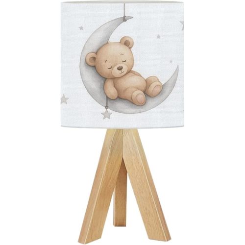 Tripod Table Lamp Watercolor hand draw brown teddy bear boy sleeping moon airplane toy Modern Bedside Dimmable Desk lamp Wooden Base Fabric Lampshade for Bedroom Living Room Kids Room Nursery