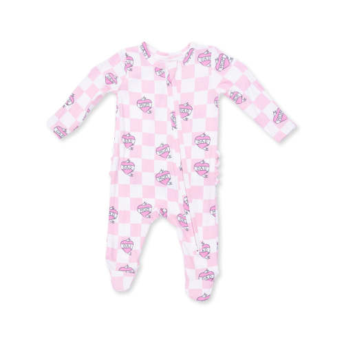 2-Way Zip Ruffle Footie, Heart Tattoo Check Pink