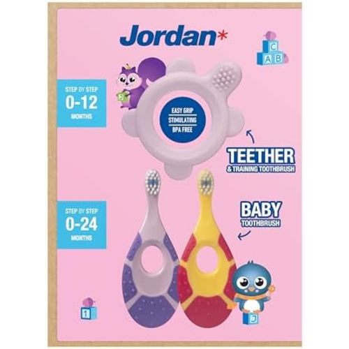Jordan* ® | Step 0 Teether & Training Toothbrush | BPA-Free, Hygienic, 2-in-1 Teething & Early Brushing Solution for Babies | Pink | 1 Teether + 2 Step 1 Baby Toothbrush