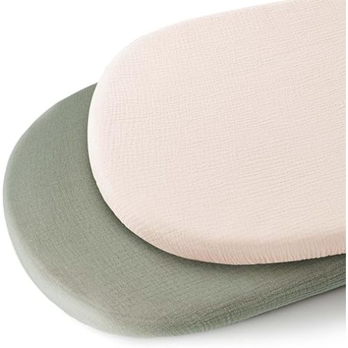 Konssy 2 Pack Muslin Bassinet Sheets for Baby Boy, 100% Cotton Soft Breathable Bassinet Mattress Sheets Fit for Hourglass Oval Cradle Rectangle Mattress (Fog Green,Cream)