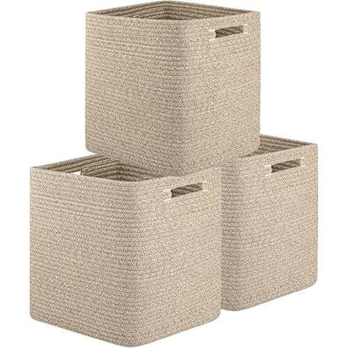 OIAHOMY Storage Cubes, 13 Inch Cube Storage Organizer, Collapsible Storage Bins, Baskets for Organizing, Storage Bins for Shelves-Brown, 3-PACK