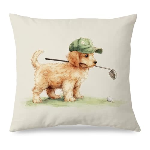 Funny Golf Golden Retriever Nursery Throw Pillow Covers 18x18, Golf Gifts for Boys Kids, Gifts for Golden Retriever Lovers, Vintage Sports Dog Pillow Cases for Home Kids Boys Room Nursery