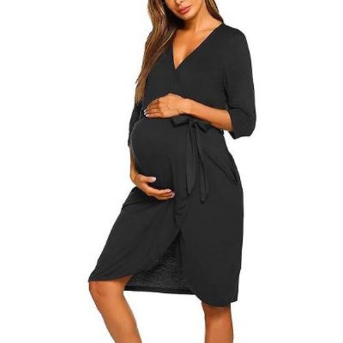 Ekouaer Maternity Robe Nursing Robes for Hospital Labor Delivery V Neck Pregnancy Bathrobe Womens Postpartum Black S