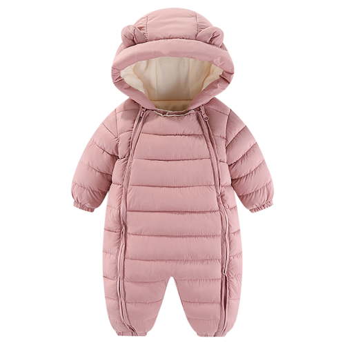 Newborn Winter Clothes Zip up Long Sleeve Solid Color Bear Ears Winter Thick Warm Jumpsuit Romper Pink 70