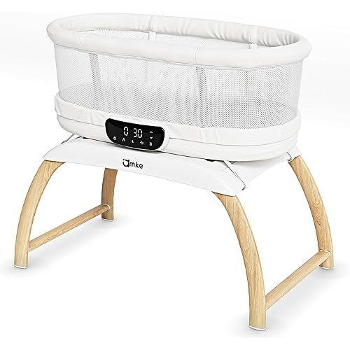 AMKE 4 in 1 Baby Bassinet with 5 Rocking Motion, Mutil-Function Electric Infant Sleeper with Timer and Weighing Mode, Remote Control, Built-in 12 Songs