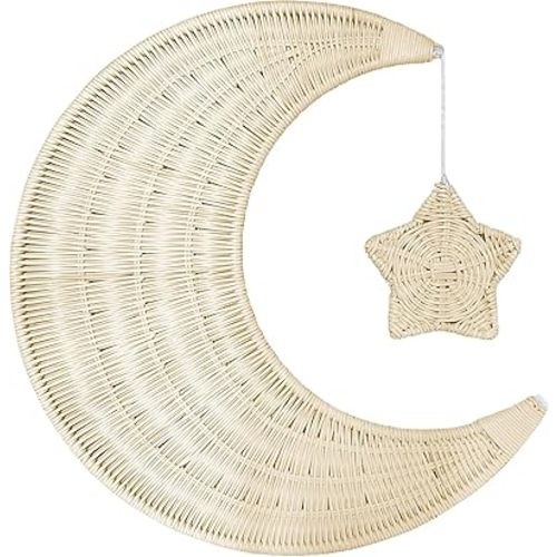 lotoo Rattan Moon Wall Decor, Boho Art Moon with Stars Decor for Boy, Baby Room, Home