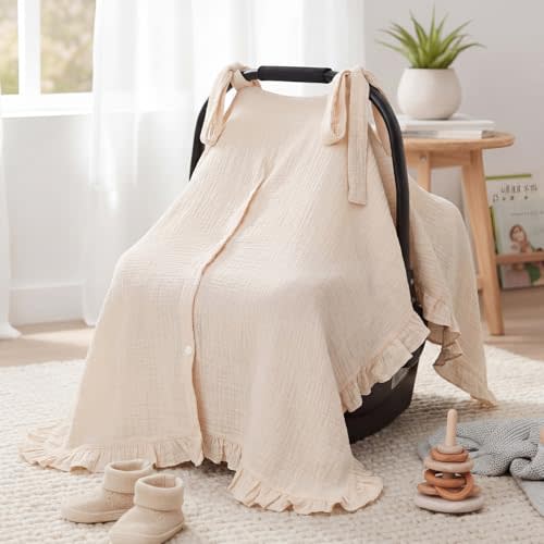 Boao Muslin Baby Car Seat Cover Soft Carseat Cover Universal Fit Stroller Canopy Breathable Infant Car Seat Canopy for Sun Bug and Comfort Protection for Boys and Girls(Classic Patterns,Beige)