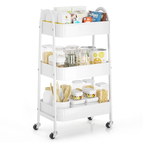 EAGMAK 3 Tier Rolling Cart Under Desk, Large Metal Storage Cart with Handle and Lockable Wheels, Big Multifunctional Storage Organizer Trolley for Kitchen, Living Room, Office, Garage (White)