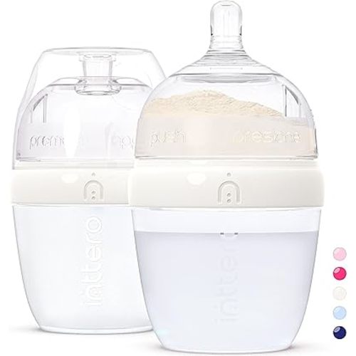 INTTERO Baby Bottles with Built-in Formula Dispenser, Anti-Colic Wide Neck Design for Newborn Feeding and Everyday Baby Essentials, 9 Oz Medium Flow (2 Pack), Stylish White