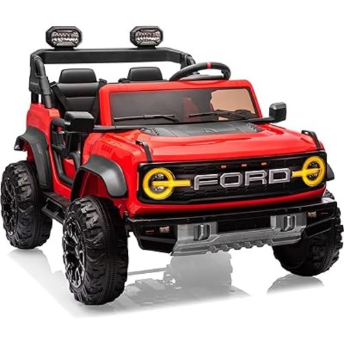 First Ride On Ford Bronco 24V Ride on Toys for Boys & Girls, 2 Seater Kids Electric Car with Remote Control, Kids Ride on Truck with Rear Wheels Suspension, Led Lights, Safety Belt (24V, Red)