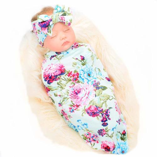 Newborn Receiving Blanket Headband Set Flower Print Baby Swaddle Receiving Blankets