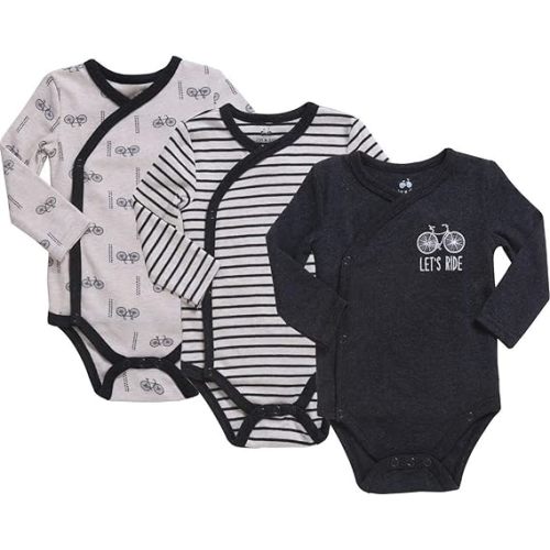 Asher and Olivia Baby Boy's 3-Pack Long-Sleeve Kimono Bodysuit Set: Side Snap Infant Clothes Bundle